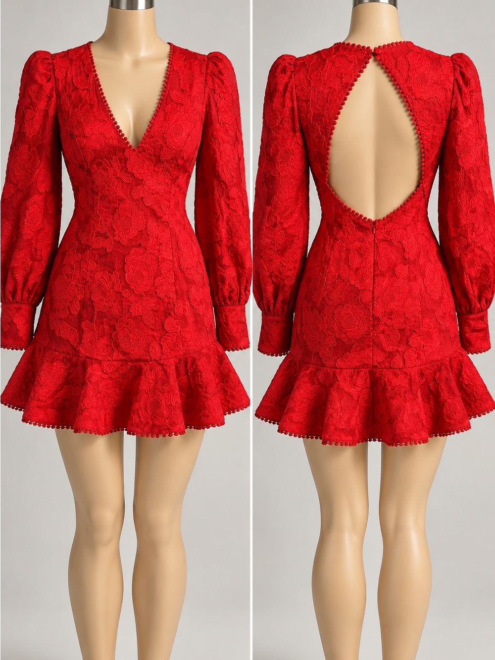 16551. Siants &Secrets red Floral Jacquard Mini Dress Puff Sleeve Open Heart bac